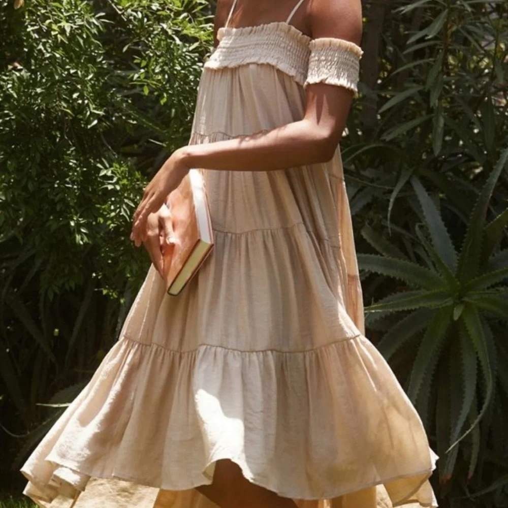Anthropologie Sarah Hann Tiered Maxi Dress  XL Beige Tiered Minimal Coastal Boho